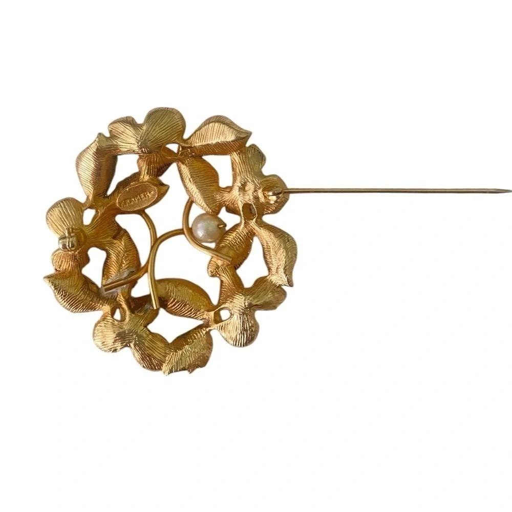 Vintage Kramer gold-tone and faux pearl circular floral brooch 1.5 inches